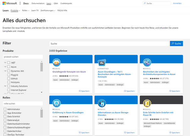 Screenshot der Webseite „Alles durchsuchen“ auf der Microsoft Learn-Plattform