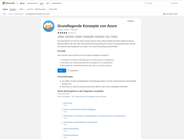 Screenshot zum Modul „Grundlegende Konzepte von Azure“ auf der Microsoft Learn-Plattform