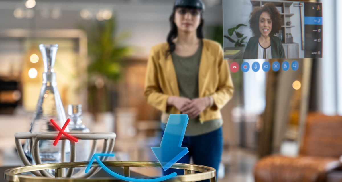 Ein Einzelhandelsmanagerin verwendet Dynamics 365 Remote Assist auf der HoloLens 2, um mit einem/einer Design-Expert*in aus der Ferne zusammenzuarbeiten und Artikel im Laden mit Hilfe von 3D-Beschriftungen darzustellen.