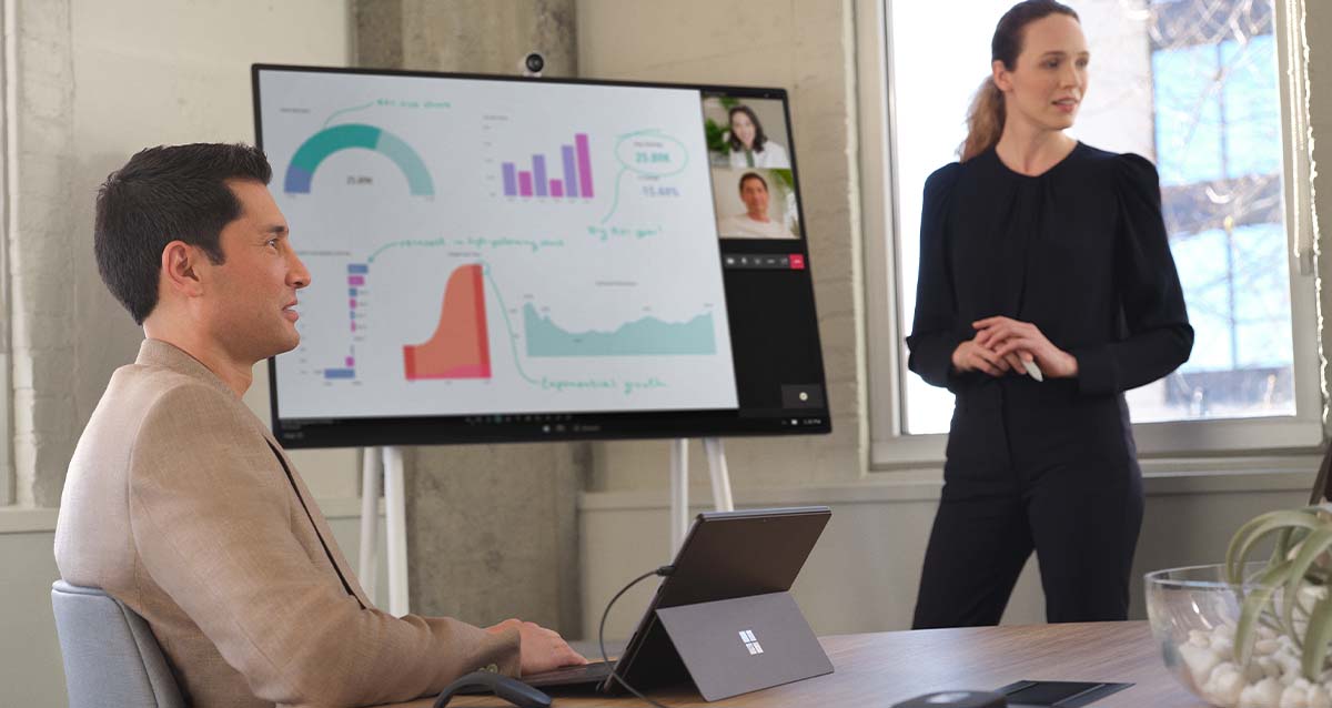 Zwei Personen halten ein Meeting mit verschiedenen Grapfen auf einem digitalen Presenter.