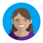 Avatar of female with brown hair and red lipstick wearing purple shirt against blue background