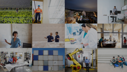 Montage of images of people working in various industries