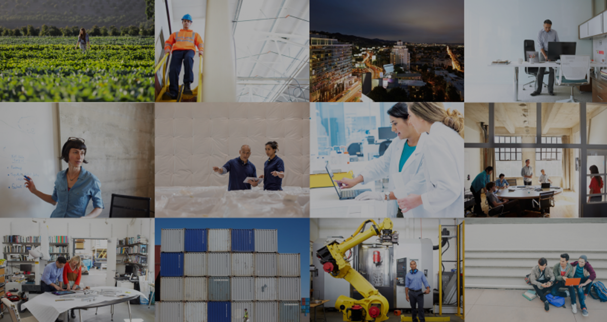 Montage of images of people working in various industries