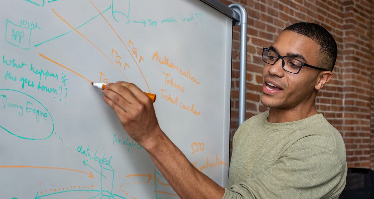 Man with glasses writes on whiteboard